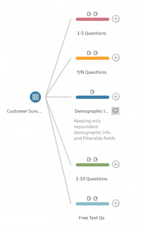 Survey data question types and demographic data branches in Tableau Prep Builder