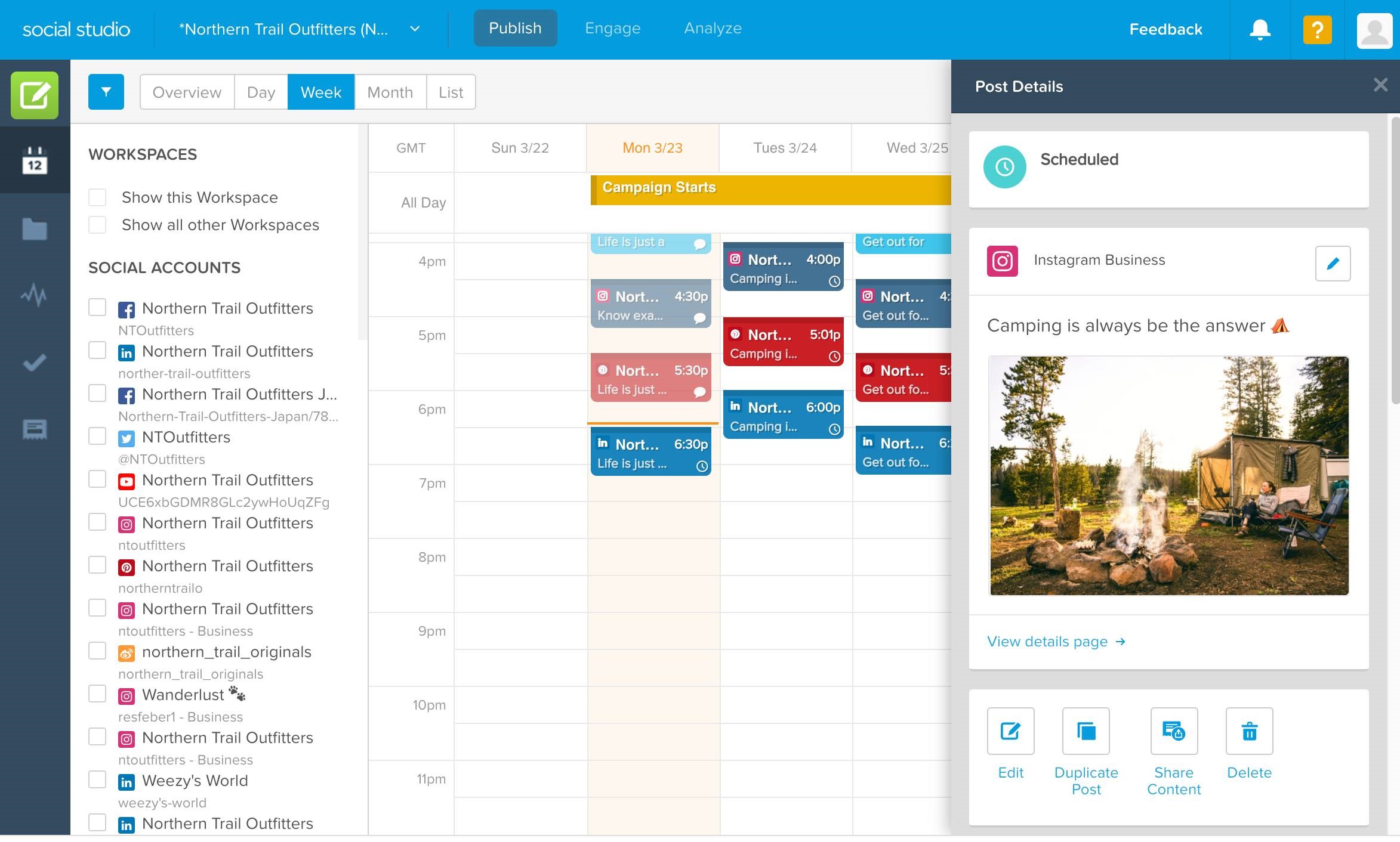 Content Calendar in Social Studio with post details of a photo of a camping place