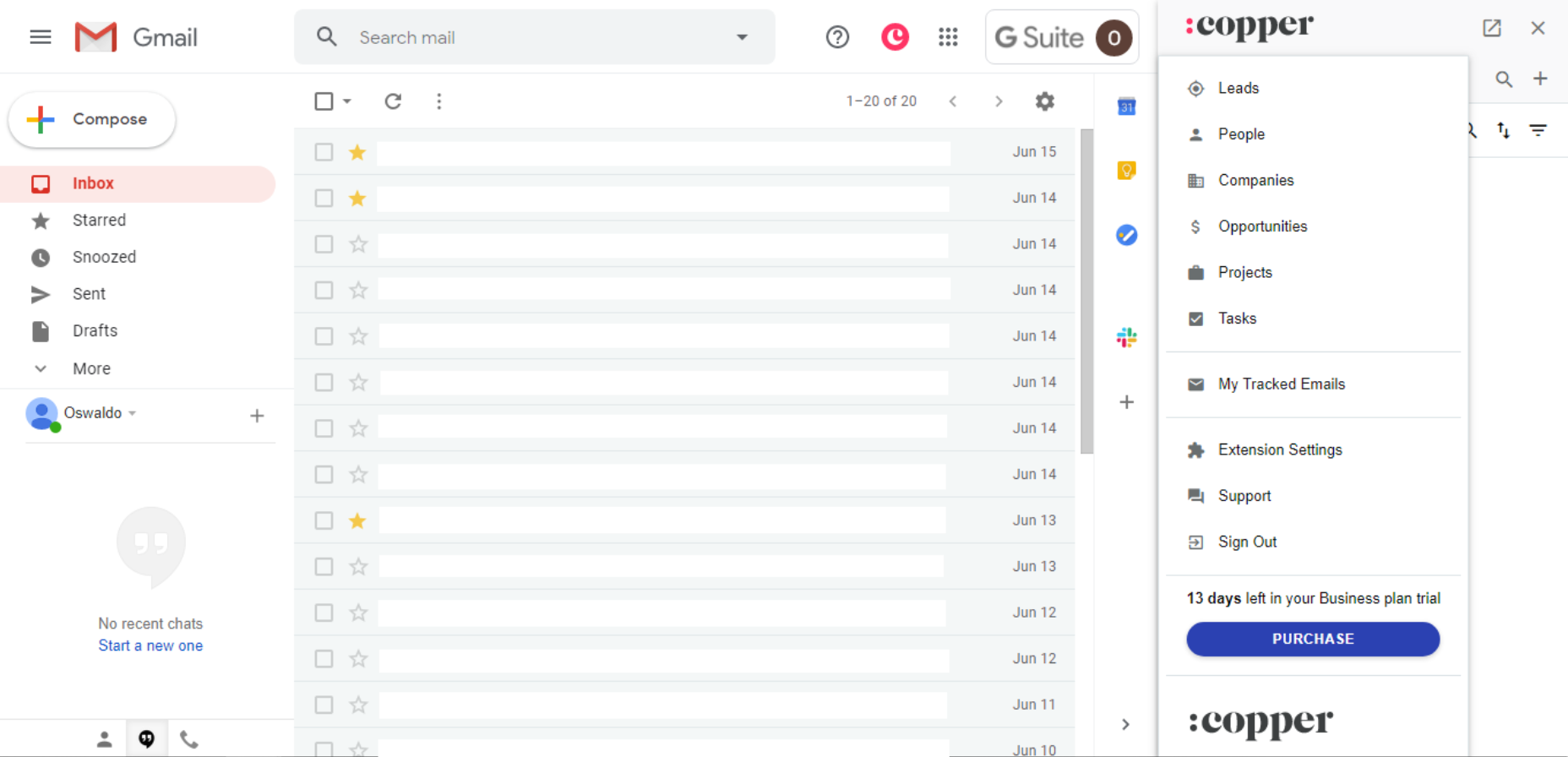 Copper gmail view with sidebar